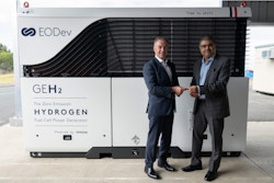 Toyota Australia President and CEO Matthew Callachor (left) handing over the keys of the first EODev GEH2® generator assembled at Toyota’s Altona facility to Thiess Group Executive - Assets, Autonomy & Digital, Ramesh Liyanage